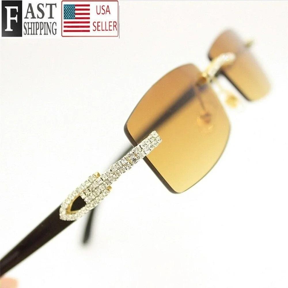 EXECUTIVE SLIM RIMLESS RHINESTONE LUXURY BROWN LENS SUNGLASSES‎ WOODY SQUARE NEW